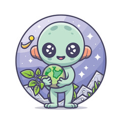 2d vector illustration chibi cute alien, holding sphere earth plant , full body , clean shape and line, white background, random moon background