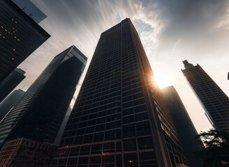 Canvas Print - Low shot of the city skyscrapers at sunset created with Generative AI technology