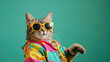 Cat dancing in colorful attire and sunglasses against a green backdrop.