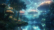 A mystical forest scene at night with oversized, glowing mushrooms along a serene river under a starry sky.