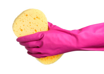 Poster - Cleaner in rubber glove holding new yellow sponge on white background, closeup