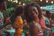 Independence day party. Joyful African american young woman celebrating July 4th outdoors.