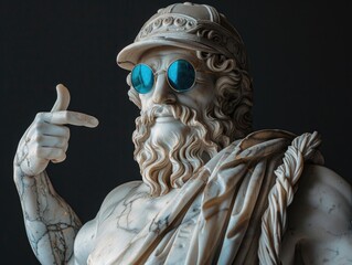 Wall Mural - White bust statue wearing red sunglasses, wearing baseball cap, pointing finger on side, colorful background 