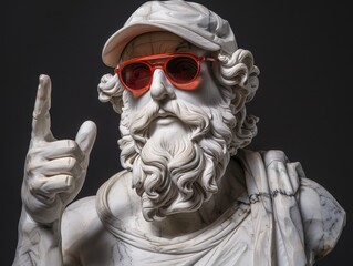 Wall Mural - White bust statue wearing red sunglasses, wearing baseball cap, pointing finger on side, colorful background 