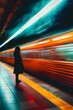 retrato vertical minimalista de una mujer mientras pasa a toda velocidad el tren, esperando en el subway 