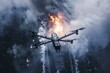 War zone scene: drone flies past burning naval ship