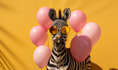 Wall Mural - Funny zebra with glasses birthday card with balloons all around on a vibrant yellow background.