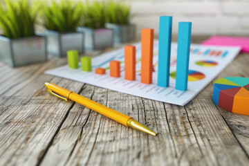 Graph charts that are 3D models are inside the office. Show financial balance. AI generated