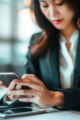 Close up of businesswoman using mobile smart phone and digital tablet computer at office. Asian business woman hand holding smartphone, connecting the internet, online working, corporate business