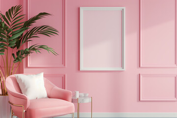 Frame Mockup, Picture frame template/mockup in an modern pink  pastel colored living room. Photoframe Mock-up background.Modern interior design.