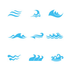 A set of isolated sea waves, blue wave icons, logos or design elements, etc.