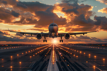 Wall Mural - Front view of passenger plane taking off from the airport runway at sunset