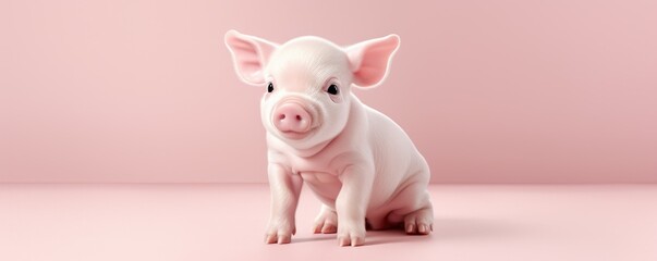 happy cute mini pig isolated on pink background. happy funny piglet. exotic domestic pet. vegan and 