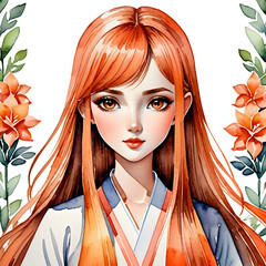 Wall Mural - Deep Coral Delight: Watercolor Portraits of a Cute Girl Character with Long Dark Coral Orange Hair.(Generative AI)