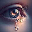 the moment of a water droplet landing in the eye, with the eye reflecting the refracted light and the tear forming a small ripple on the surface, evoking emotions of vulnerability, generative ai