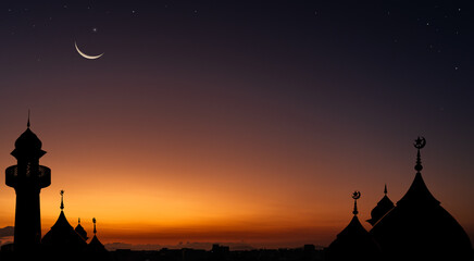 Wall Mural - silhouette dome mosques on dusk sky twilight with crescent moon, religion of islamic well space for 
