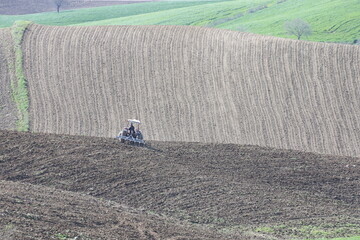 Fototapete - farmers plowing the field in spring