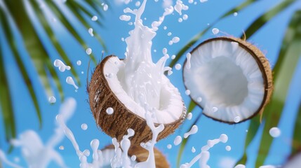 Wall Mural - Fresh coconut milk splash and palm leaves create a bright sky background. Cracked coconut nuts on milk splash with tropical exotic blue sky background for food sweets, spa cosmetics or cream packaging