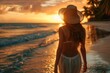 Close-up photo of young woman wear light dress and with hat in hand walking alone on sandy tropical beach at summer sunset, palms, splashing water