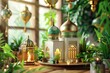 Ramadan Kareem with miniature mosque on a wooden table with plants.