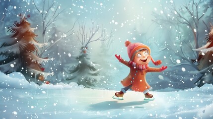  A playful cartoon girl enjoying a skiing adventure, swooshing down snowy slopes, her joy mirrored in the wintry landscape.