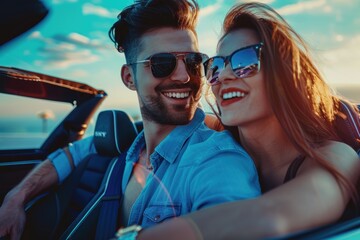 Wall Mural - photo, happy love couple travel in car