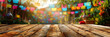 Empty wooden table foreground with vibrant, out-of-focus Mexican fiesta background, copy space available, minimalist 