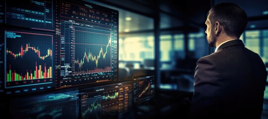 Financial figures analyzing market data on large displays