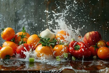  Dynamic Splash: Fresh Vegetables and Fruits Caught in a Burst of Water