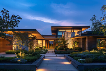 A modern house with sleek outdoor lighting highlighting architectural details against a deep blue twilight sky