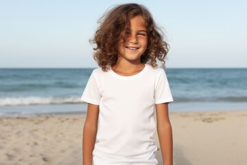 White blank t shirt mock up. Girl on the beach