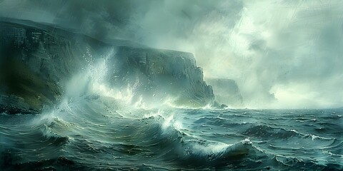 Wall Mural - Raging seas collide with rocky cliffs in a captivating oil painting scene. Concept Seascape Paintings, Dramatic Coastal Art, Oceanic Landscapes, Nature's Fury Artwork, Coastal Erosion Art