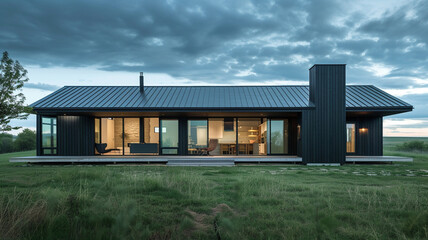 Wall Mural - Chic one-story house featuring a black exterior with dark grey accents presented against a pastel mint green sky, exterior view