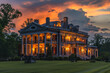 A historic mansion with period-appropriate outdoor lighting in an estate with an amber sunset sky