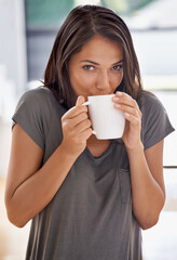 Canvas Print - Woman, coffee and mug with kitchen, drink and morning for home routine. Person, cup and tea with house, beverage and aroma for relax and caffeine or taste portrait to enjoy break with happiness