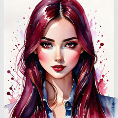 Wall Mural - Burgundy Beauty: Watercolor Portraits of a Cute Girl Character with Long Burgundy Red Hair.(Generative AI)
