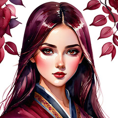 Wall Mural - Burgundy Beauty: Watercolor Portraits of a Cute Girl Character with Long Burgundy Red Hair.(Generative AI)