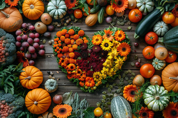 Wall Mural - happy thanksgiving card, A heart-shaped display featuring a variety of colorful flowers, pumpkins, and squash arranged artistically