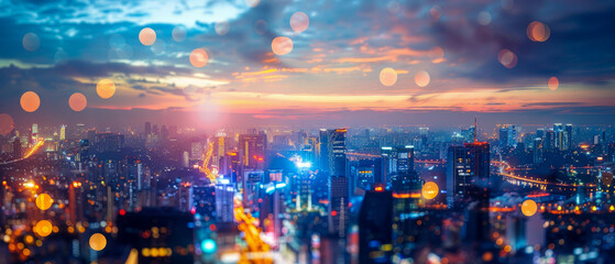 Wall Mural - A city skyline at dusk with a bright blue sky