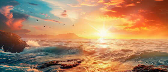 Wall Mural - A beautiful sunset over the ocean with birds flying in the sky
