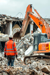 Demolition man. Worker foreman inspector builder at demolition building area. excavator machine at destroying works on construction site