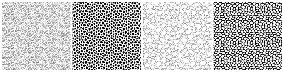 Black and white stones seamless patterns vector set. Irregular pebbles and rocks shapes repeated backdrop for web tiles, science and interior designs. line polygonal cells template background