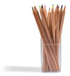Coloured wooden pencils in a transparent container.  Transparent background