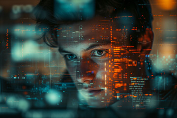 Software developer . Computer programmer flat character on cartoon background. Learning coding. Colourful editable scene for mobile, website, presentation