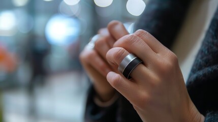 Close-up view showing a smart ring being worn on a young womans finger, highlighting modern wearable technology.