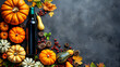 A bottle of wine sits among a colorful array of pumpkins and gourds, creating a festive and inviting autumn display