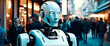 A chatbot in a crowded street. Concept of artificial intelligence and advancing technology in everyday life. Robot in society.