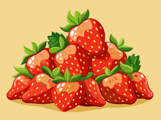 Pile of sweet and juicy fresh strawberries, vector image file, illustration, yellow background.