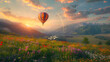 A colorful hot air balloon gracefully glides through the sky, casting a shadow over a lush, emerald green field below