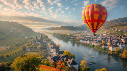 Wall Mural - A majestic hot air balloon gracefully floats above a charming small town, adding a touch of magic to the peaceful scenery below